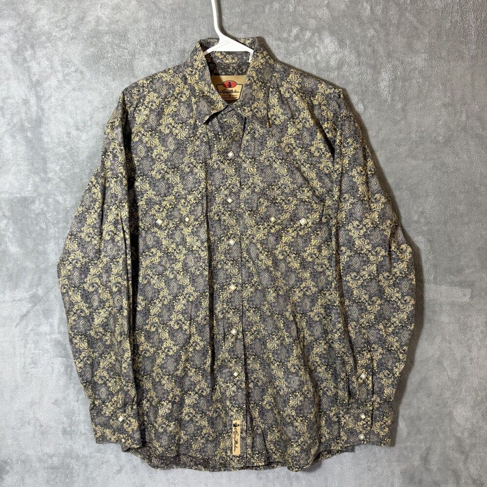 Larry Mahan Cowboy Men M Gray Yellow Paisley Western Diamond Snap Shirt